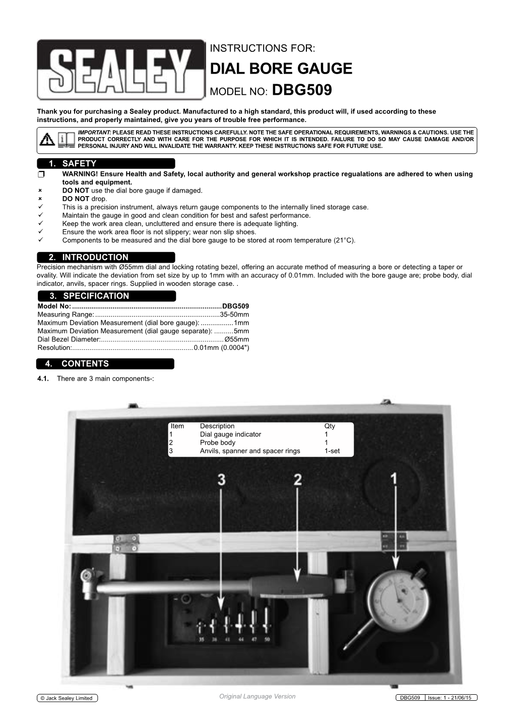 DIAL BORE GAUGE Model No: DBG509