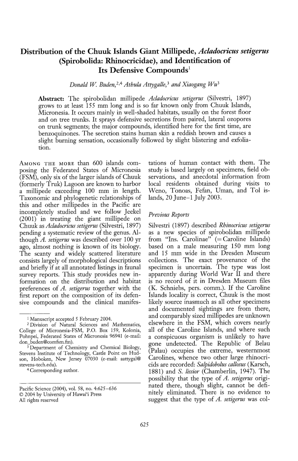 Distribution of the Chuuk Islands Giant Millipede