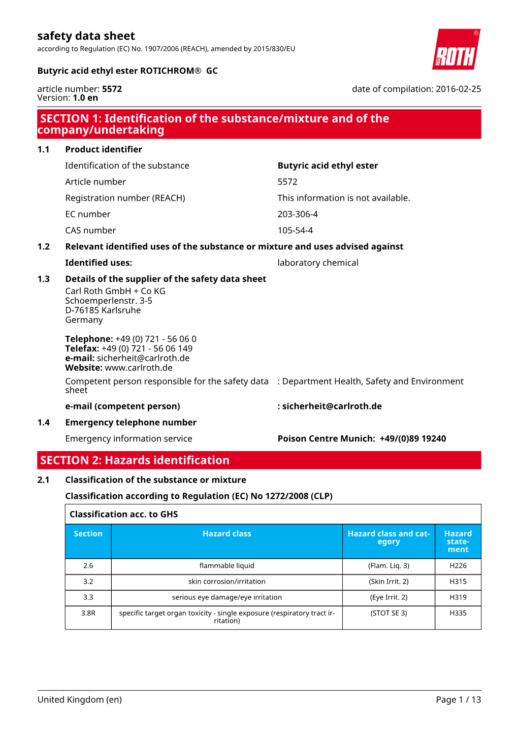 Safety Data Sheet: Butyric Acid Ethyl Ester