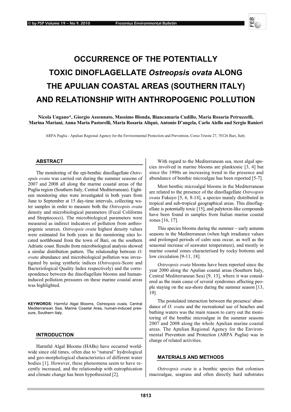 OCCURRENCE of the POTENTIALLY TOXIC DINOFLAGELLATE Ostreopsis Ovata ALONG the APULIAN COASTAL AREAS (SOUTHERN ITALY) and RELATIONSHIP with ANTHROPOGENIC POLLUTION