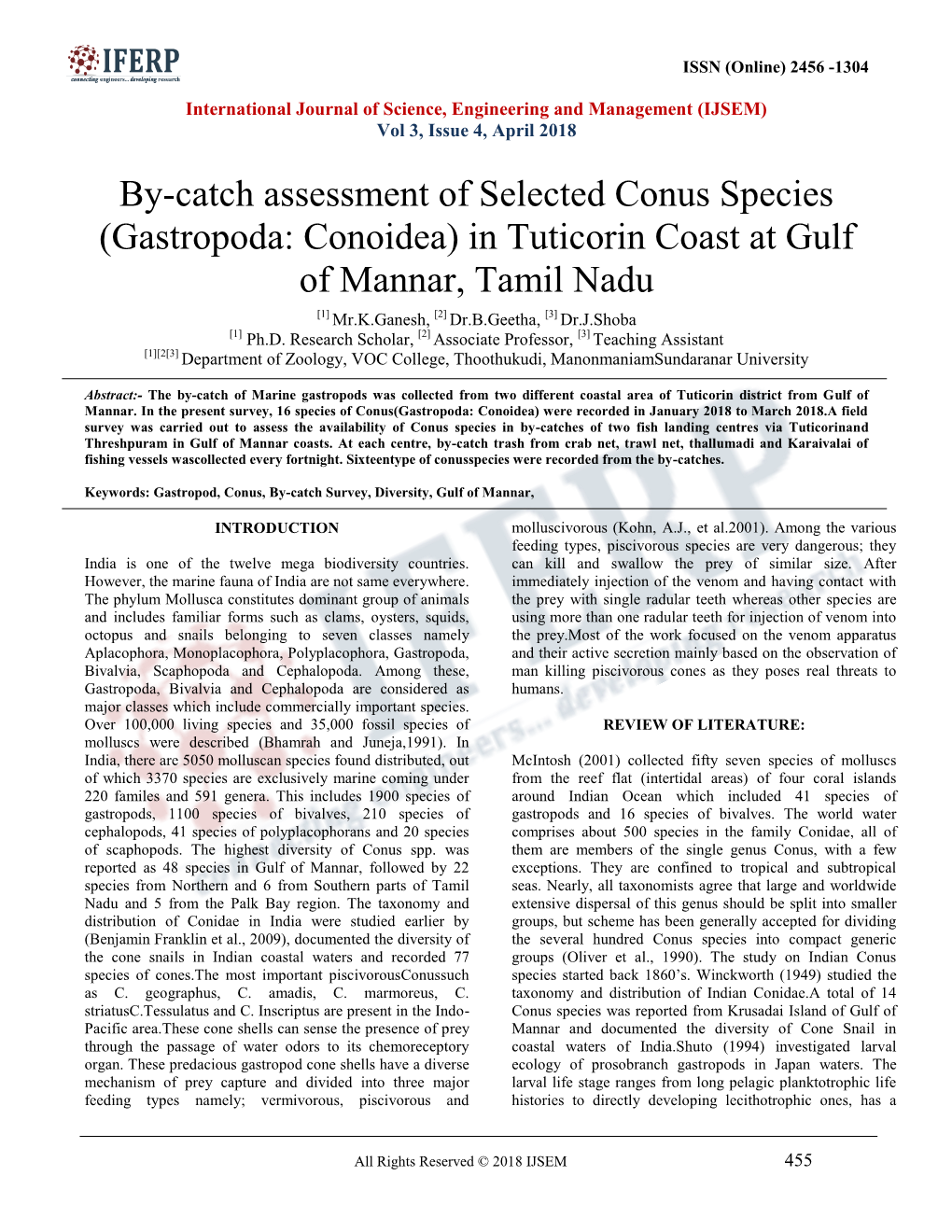 (Gastropoda: Conoidea) in Tuticorin Coast at Gulf of Mannar, Tamil Nadu [1] Mr.K.Ganesh, [2] Dr.B.Geetha, [3] Dr.J.Shoba [1] Ph.D
