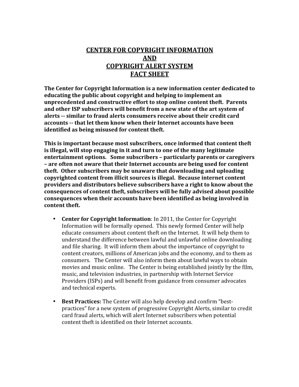 Center for Copyright Information and Copyright Alert System Fact Sheet