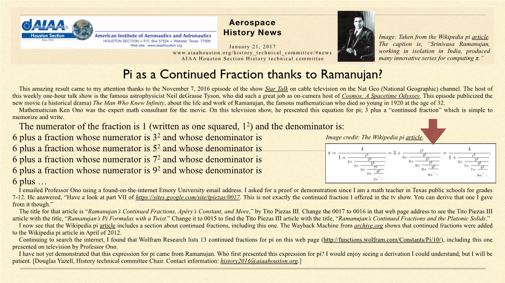 Pi As a Continued Fraction Thanks to Ramanujan?