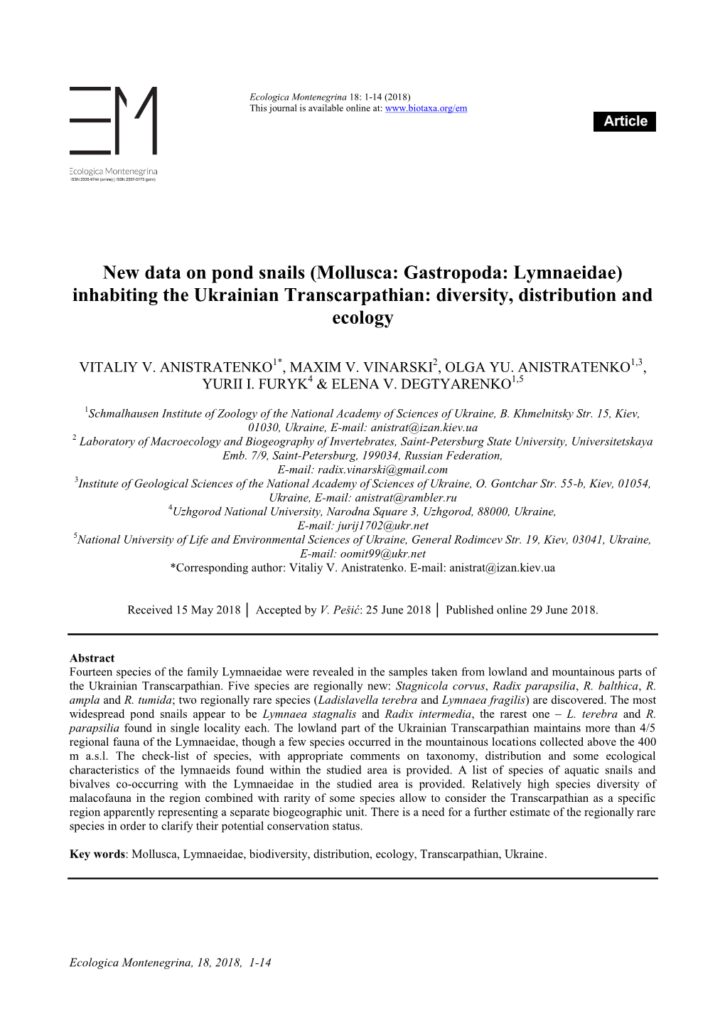 New Data on Pond Snails (Mollusca: Gastropoda: Lymnaeidae) Inhabiting the Ukrainian Transcarpathian: Diversity, Distribution and Ecology