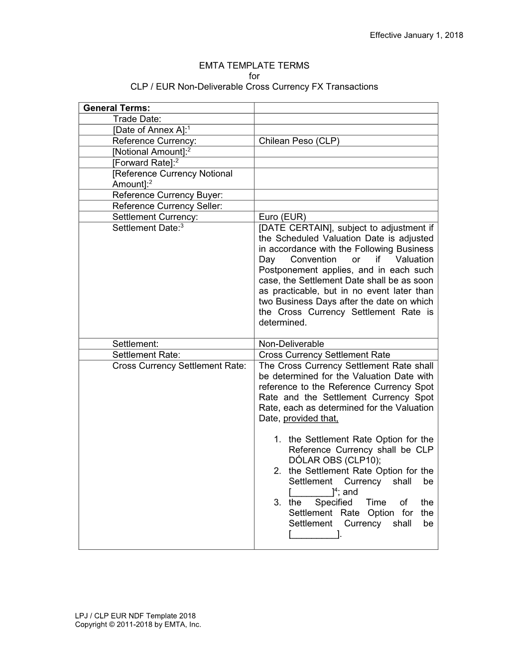 EMTA TEMPLATE TERMS for CLP / EUR Non-Deliverable Cross Currency FX Transactions