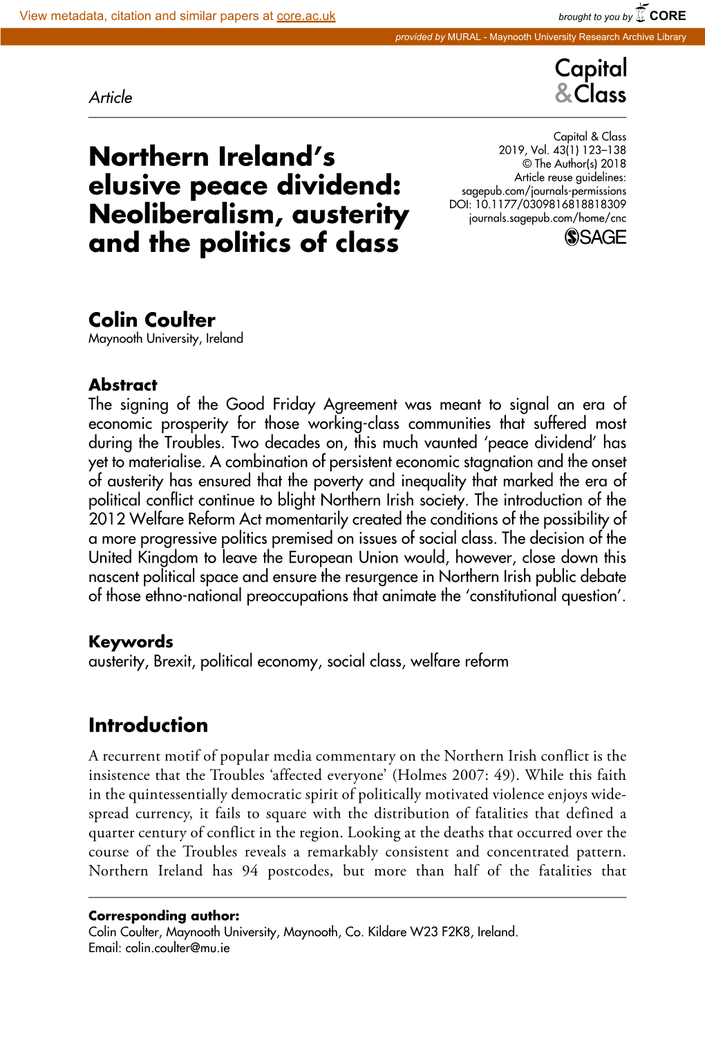 Northern Ireland's Elusive Peace Dividend: Neoliberalism, Austerity