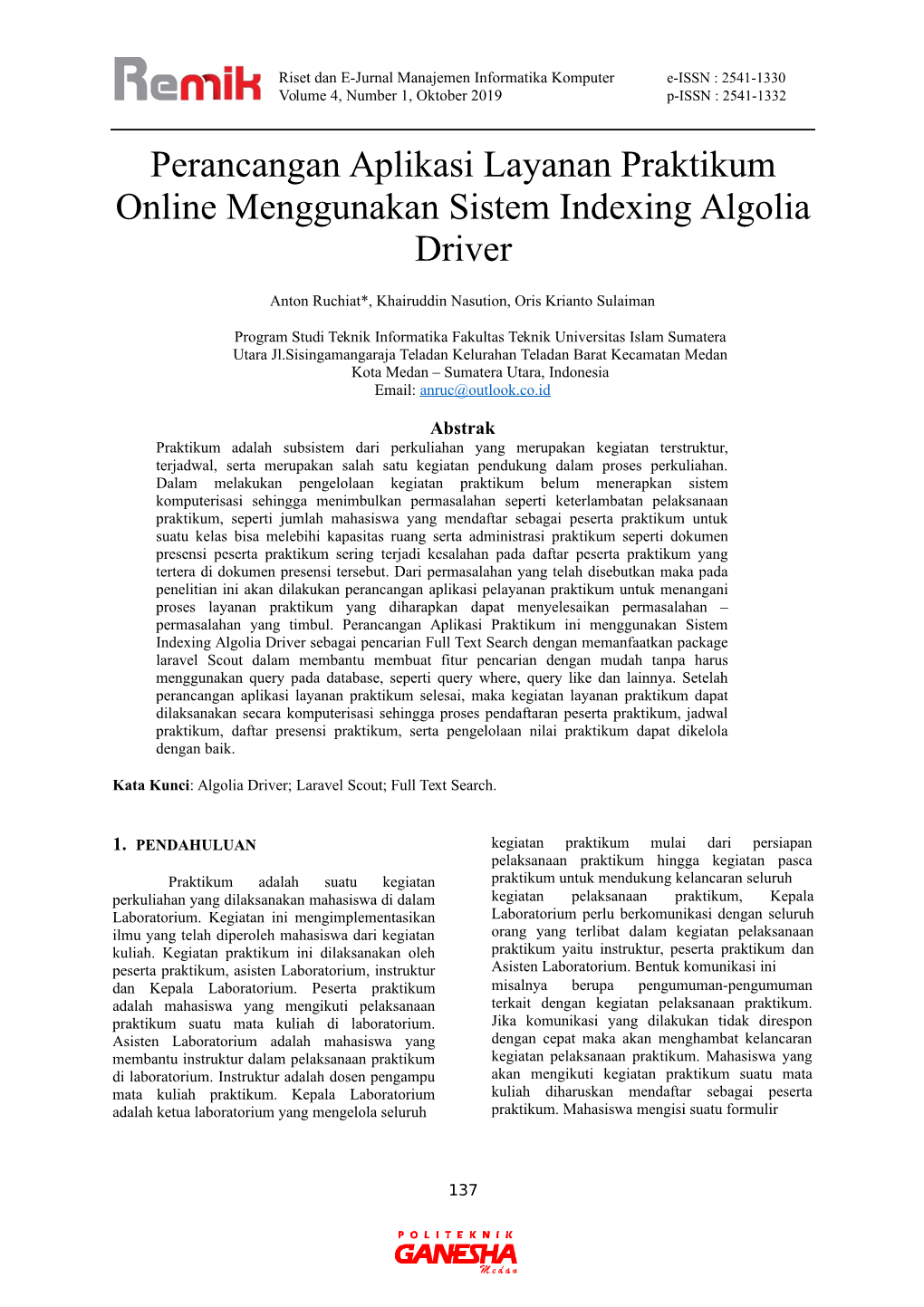 Perancangan Aplikasi Layanan Praktikum Online Menggunakan Sistem Indexing Algolia Driver