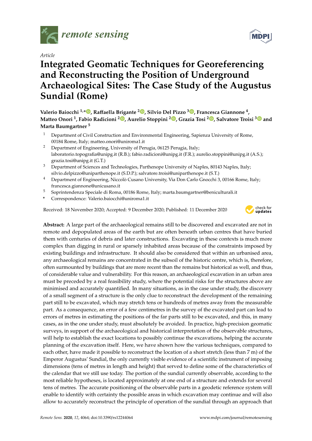 Integrated Geomatic Techniques for Georeferencing and Reconstructing the Position of Underground Archaeological Sites: the Case Study of the Augustus Sundial (Rome)