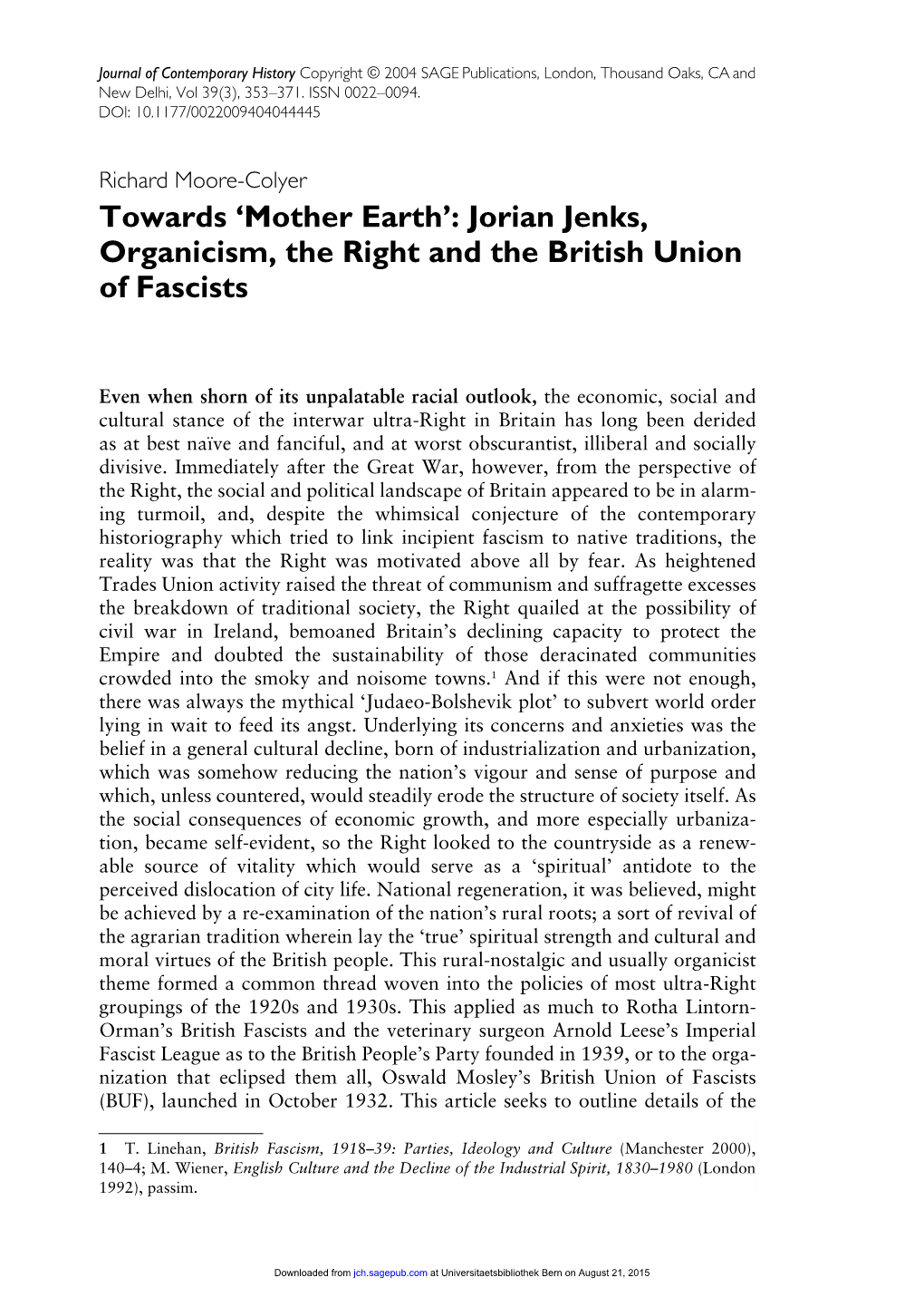 Towards 'Mother Earth': Jorian Jenks, Organicism, the Right and The