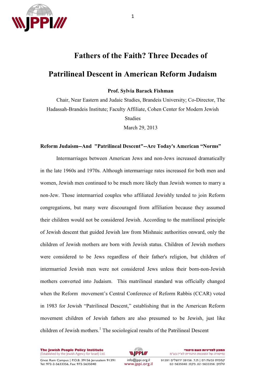 Three Decades of Patrilineal Descent in American Reform Judaism