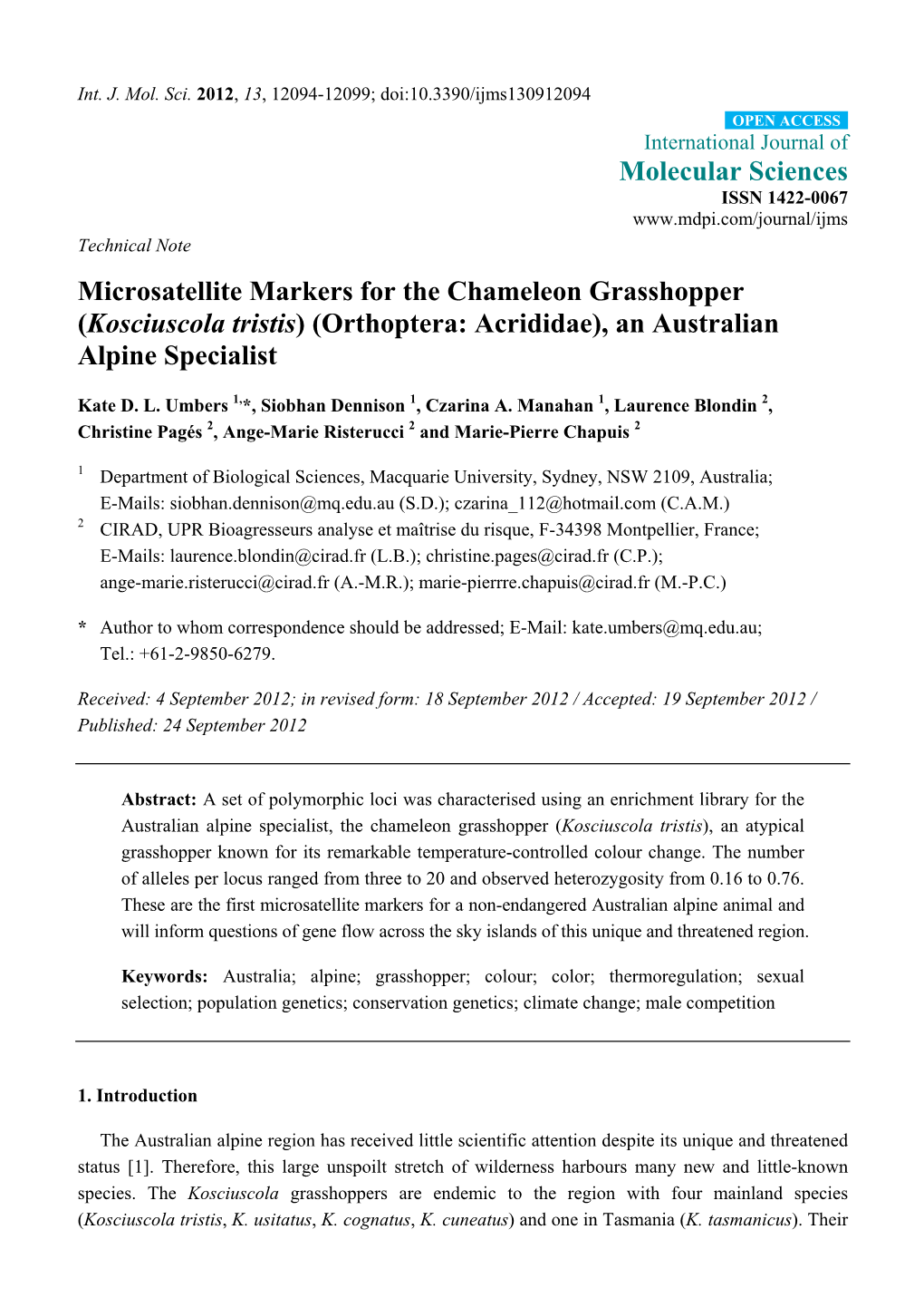 Microsatellite Markers for the Chameleon Grasshopper (Kosciuscola Tristis) (Orthoptera: Acrididae), an Australian Alpine Specialist