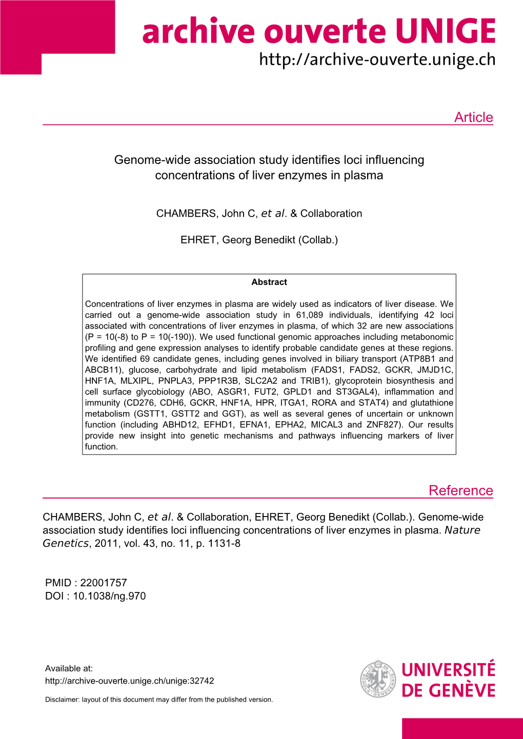 Genome-Wide Association Study Identifies Loci Influencing Concentrations of Liver Enzymes in Plasma