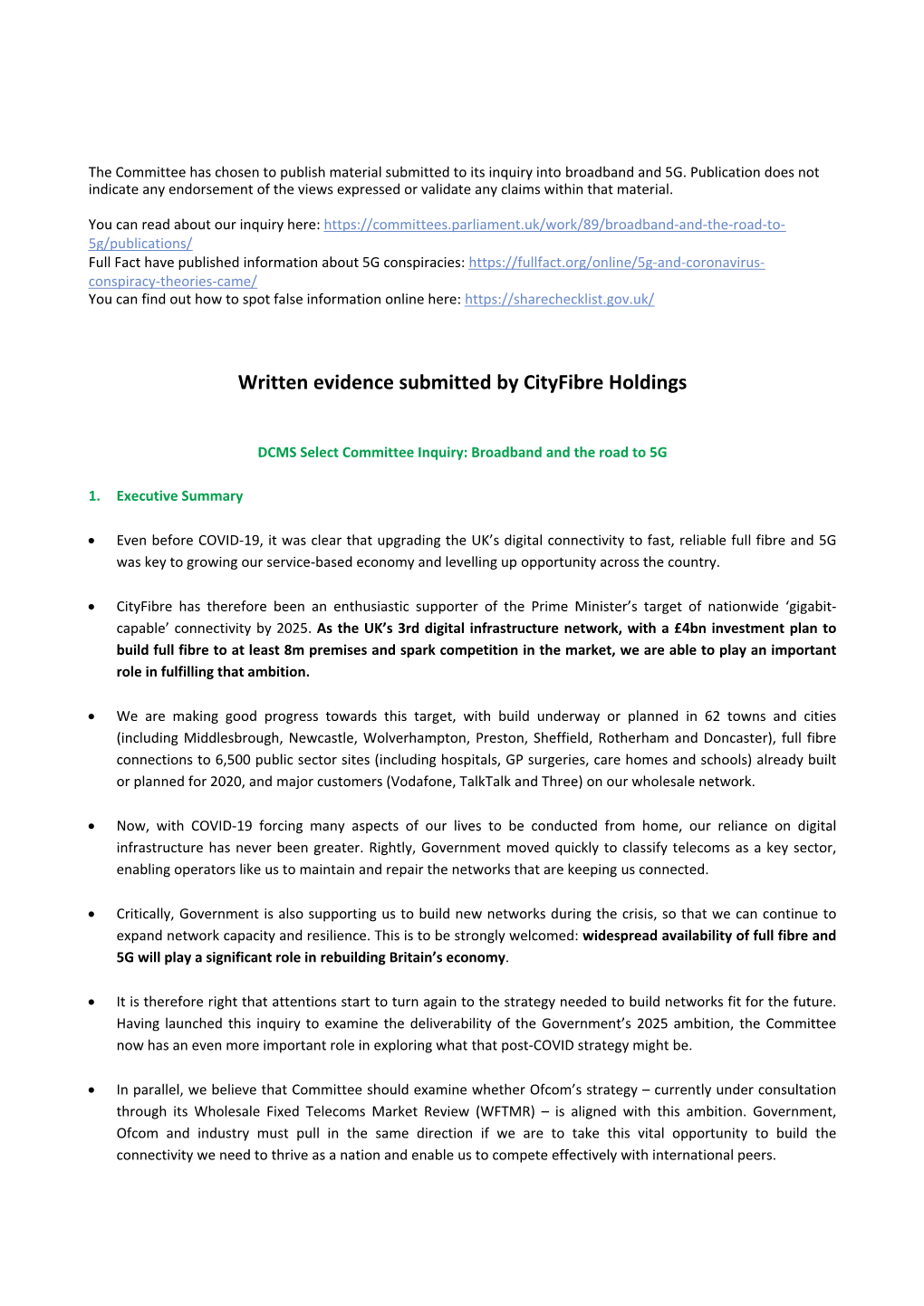 Written Evidence Submitted by Cityfibre Holdings