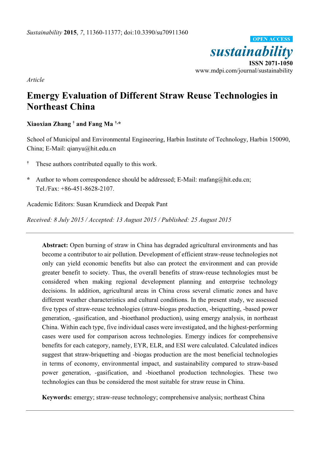 Emergy Evaluation of Different Straw Reuse Technologies in Northeast China