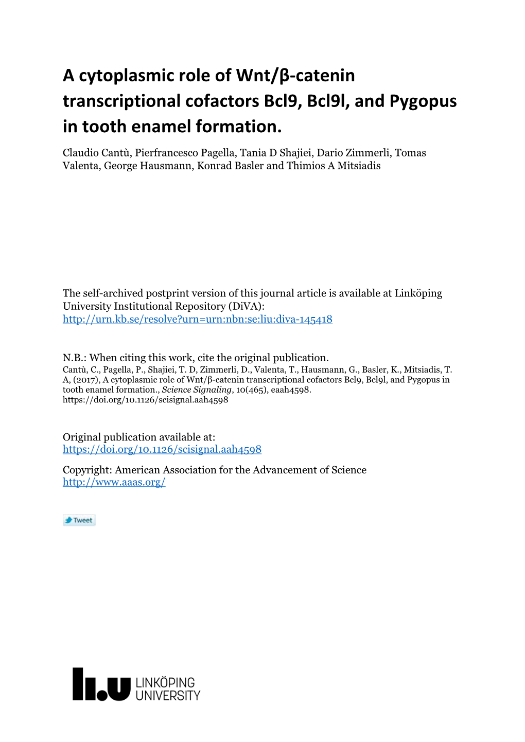 A Cytoplasmic Role of Wnt/Β-Catenin Transcriptional Cofactors Bcl9, Bcl9l, and Pygopus in Tooth Enamel Formation