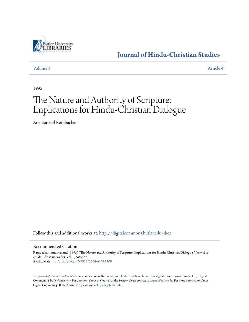 The Nature and Authority of Scripture: Implications for Hindu-Christian Dialogue