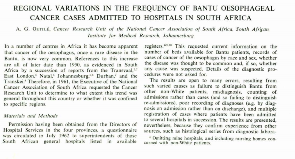 Regional Variations in the Frequency of Bantu Oesophageal Cancer Cases Admitted to Hospitals in South Africa