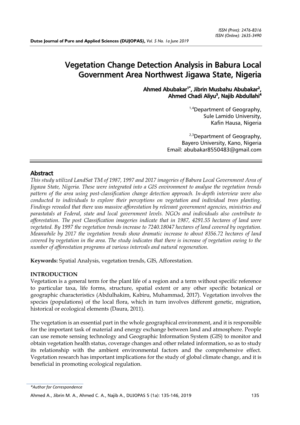 Vegetation Change Detection Analysis in Babura Local Government Area Northwest Jigawa State, Nigeria