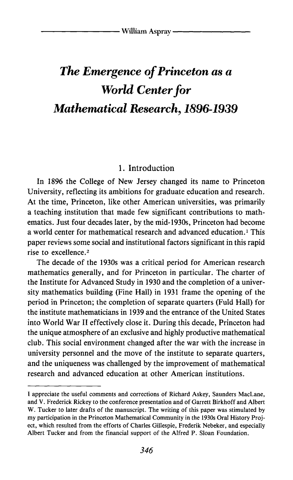 The Emergence of Princeton As a World Center for Mathematical Research, 1896-1939