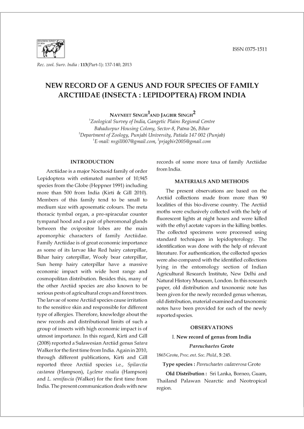 New Record of a Genus and Four Species of Family Arctiidae (Insecta: Lepidoptera) from India