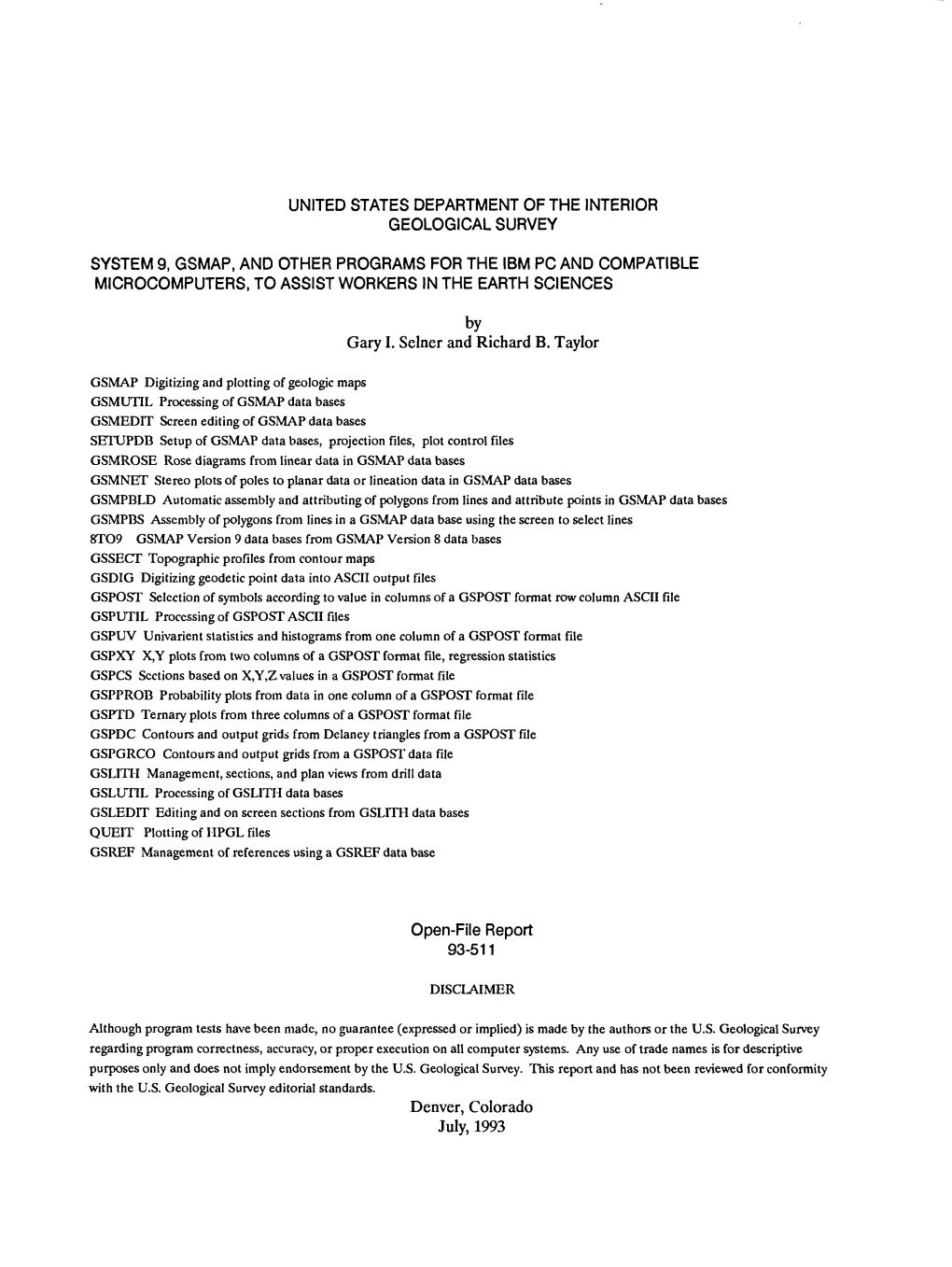By Gary I. Seiner and Richard B. Taylor Denver, Colorado July, 1993
