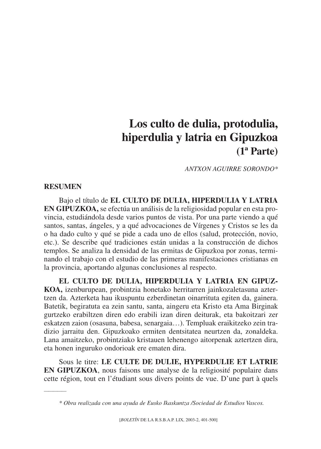 Los Culto De Dulia, Protodulia, Hiperdulia Y Latria En Gipuzkoa (1» Parte)