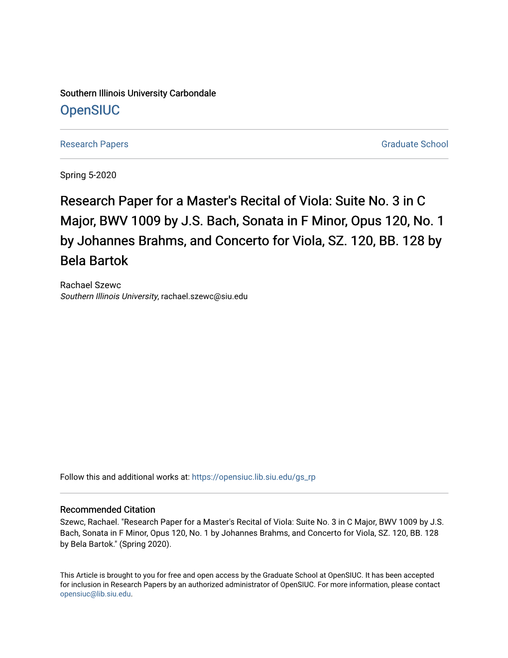 Research Paper for a Master's Recital of Viola: Suite No. 3 in C Major, BWV 1009 by J.S