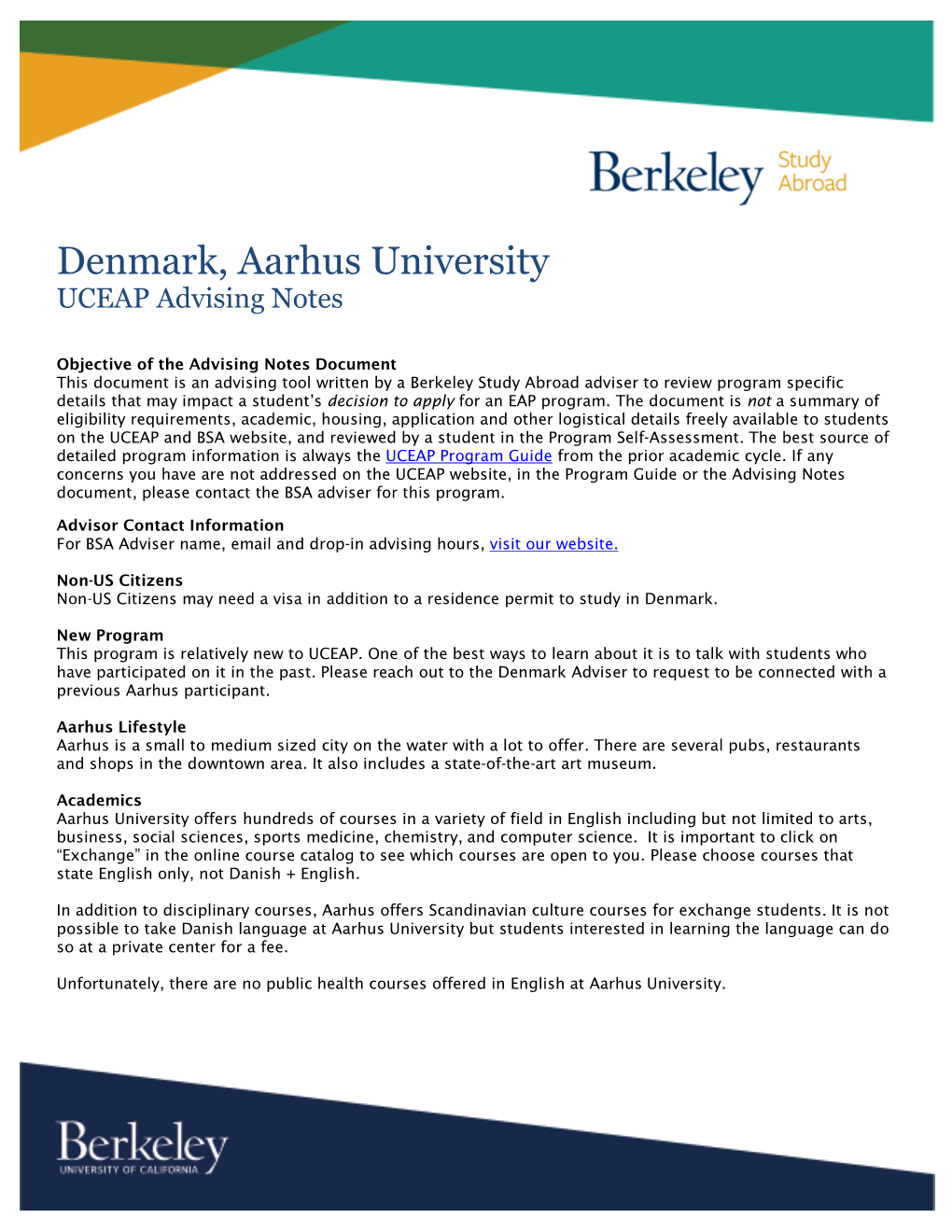 Denmark, Aarhus University UCEAP Advising Notes