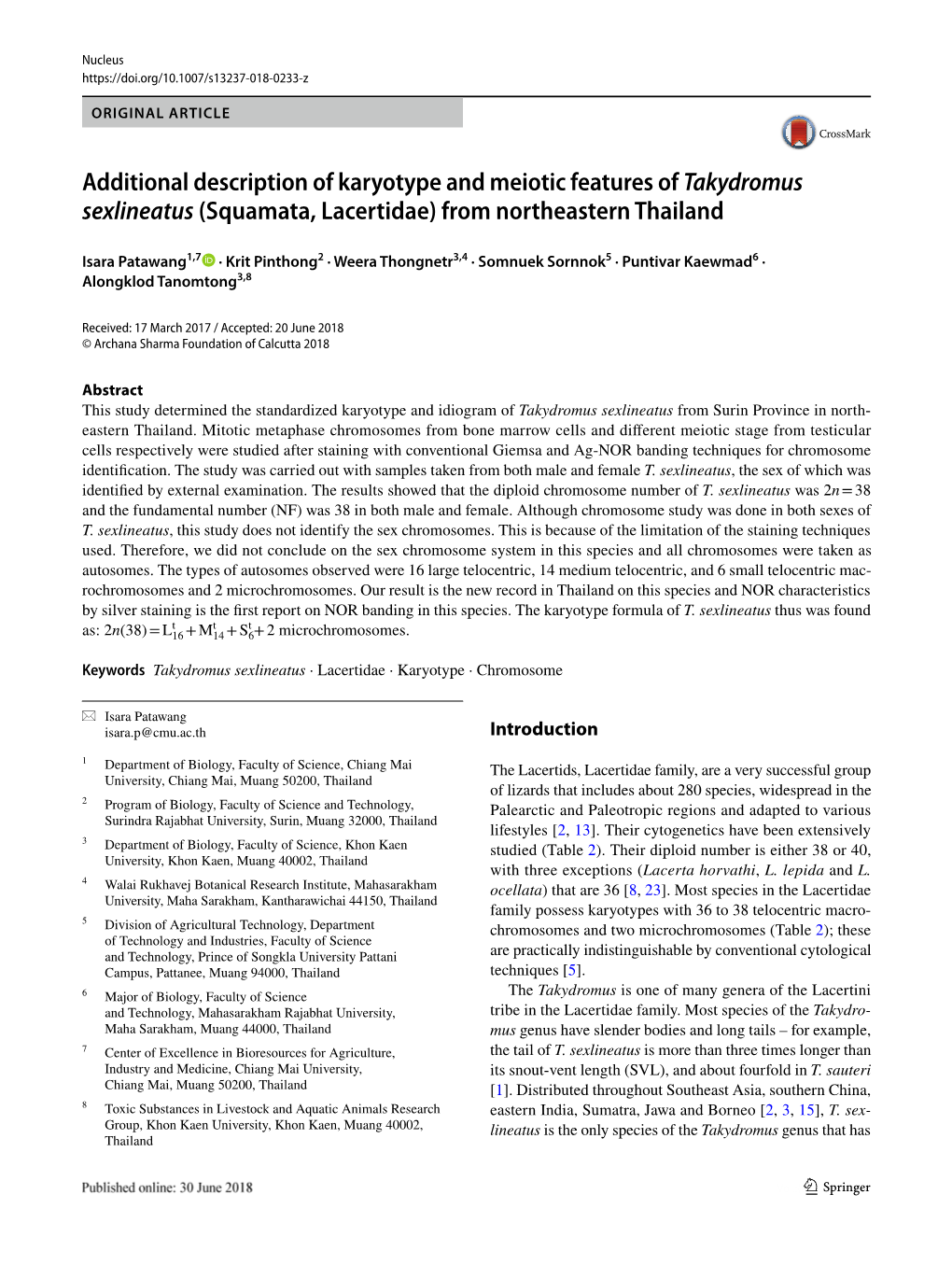 Additional Description of Karyotype and Meiotic Features of Takydromus Sexlineatus (Squamata, Lacertidae) from Northeastern Thailand