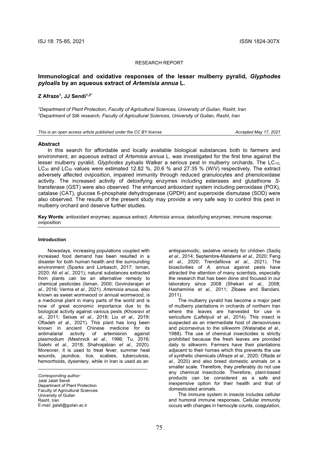 Immunological and Oxidative Responses of the Lesser Mulberry Pyralid, Glyphodes Pyloalis by an Aqueous Extract of Artemisia Annua L