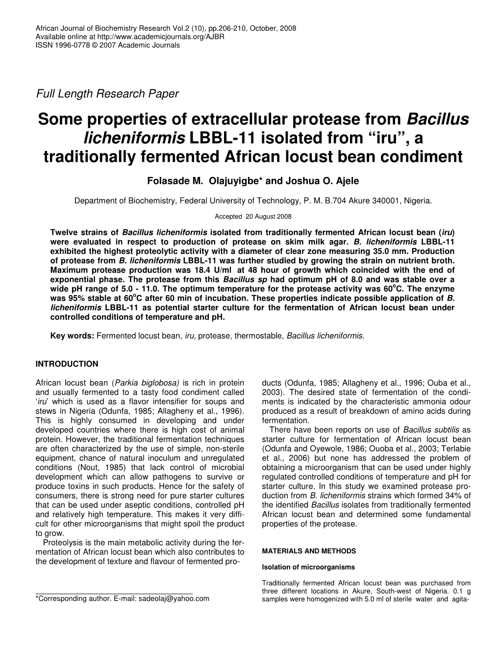 Some Properties of Extracellular Protease from Bacillus Licheniformis LBBL-11 Isolated from “Iru”, a Traditionally Fermented African Locust Bean Condiment