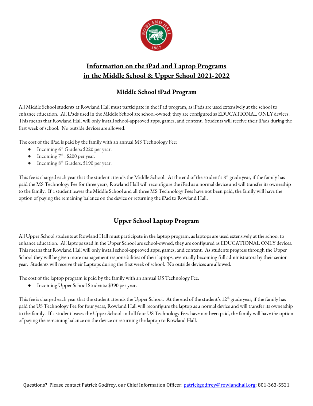 Information on the Ipad and Laptop Programs in the Middle School & Upper School 2021-2022