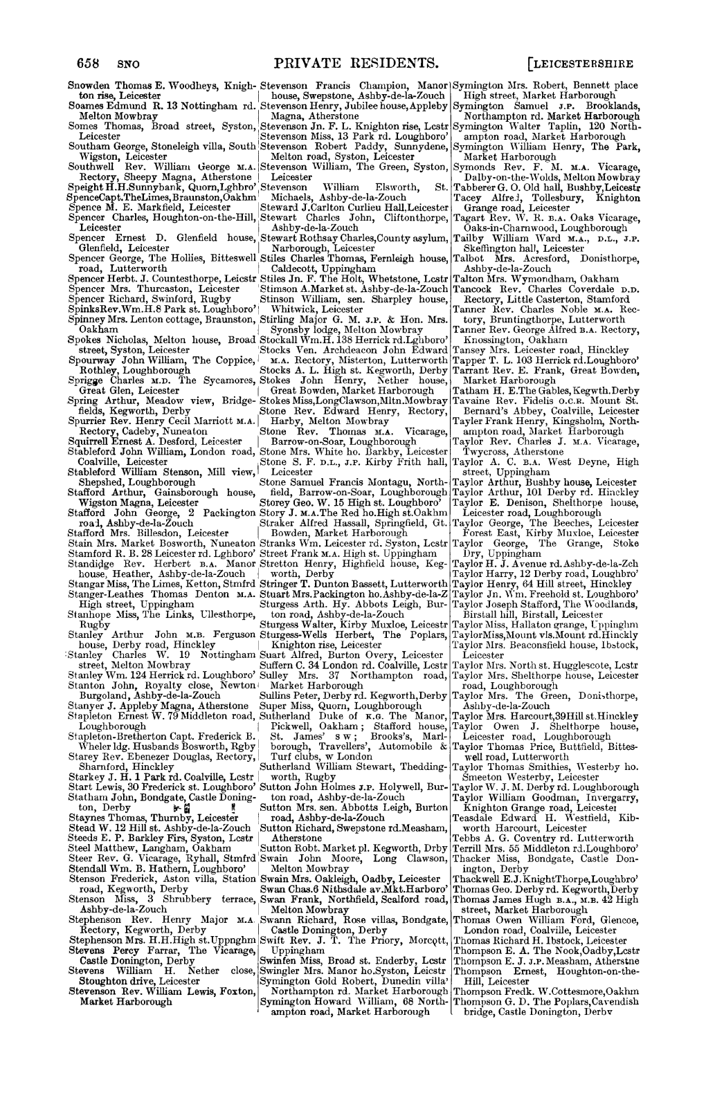 658 SNO PRIV ATE RESIDENTS. [LEICESTE RSHIRE Snowden Thomas E