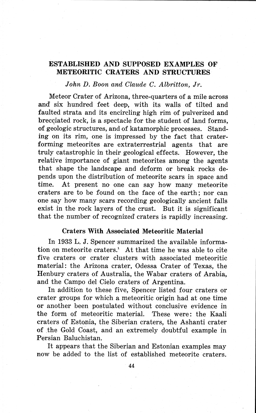 ESTABLISHED and SUPPOSED EXAMPLES of METEORITIC CRATERS and STRUCTURES John D