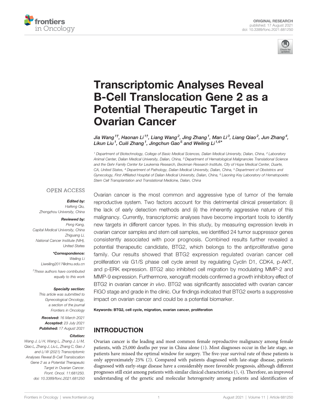 Transcriptomic Analyses Reveal B-Cell Translocation Gene 2 As a Potential Therapeutic Target in Ovarian Cancer