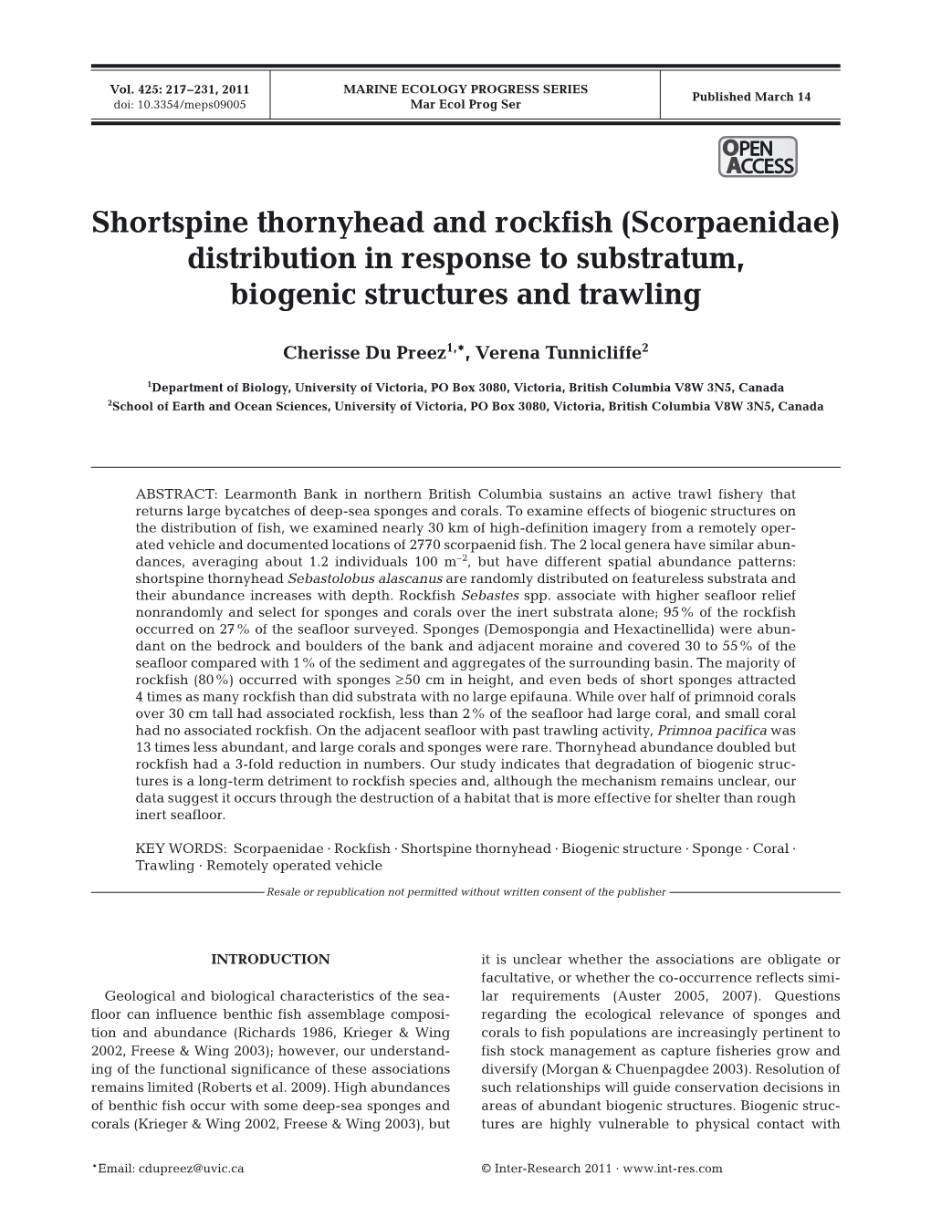 Shortspine Thornyhead and Rockfish (Scorpaenidae) Distribution in Response to Substratum, Biogenic Structures and Trawling