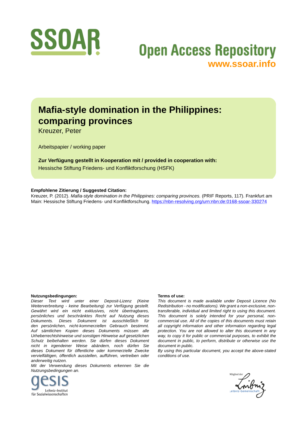 Mafia-Style Domination in the Philippines: Comparing Provinces Kreuzer, Peter