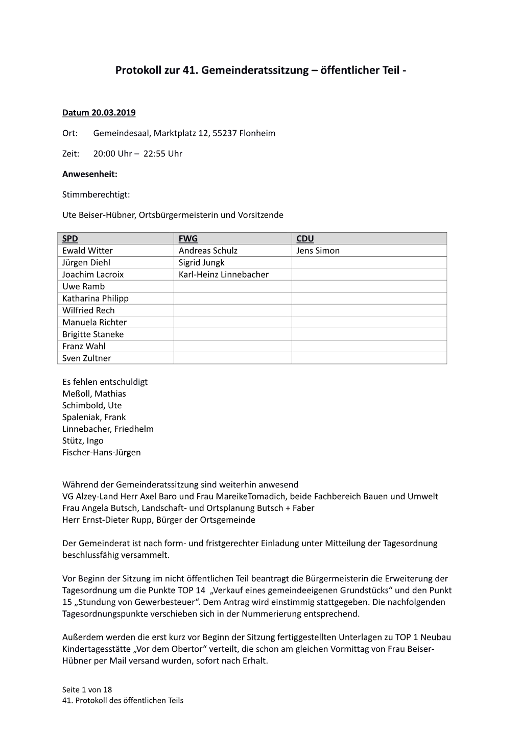 Protokoll Zur 41. Gemeinderatssitzung – Öffentlicher Teil