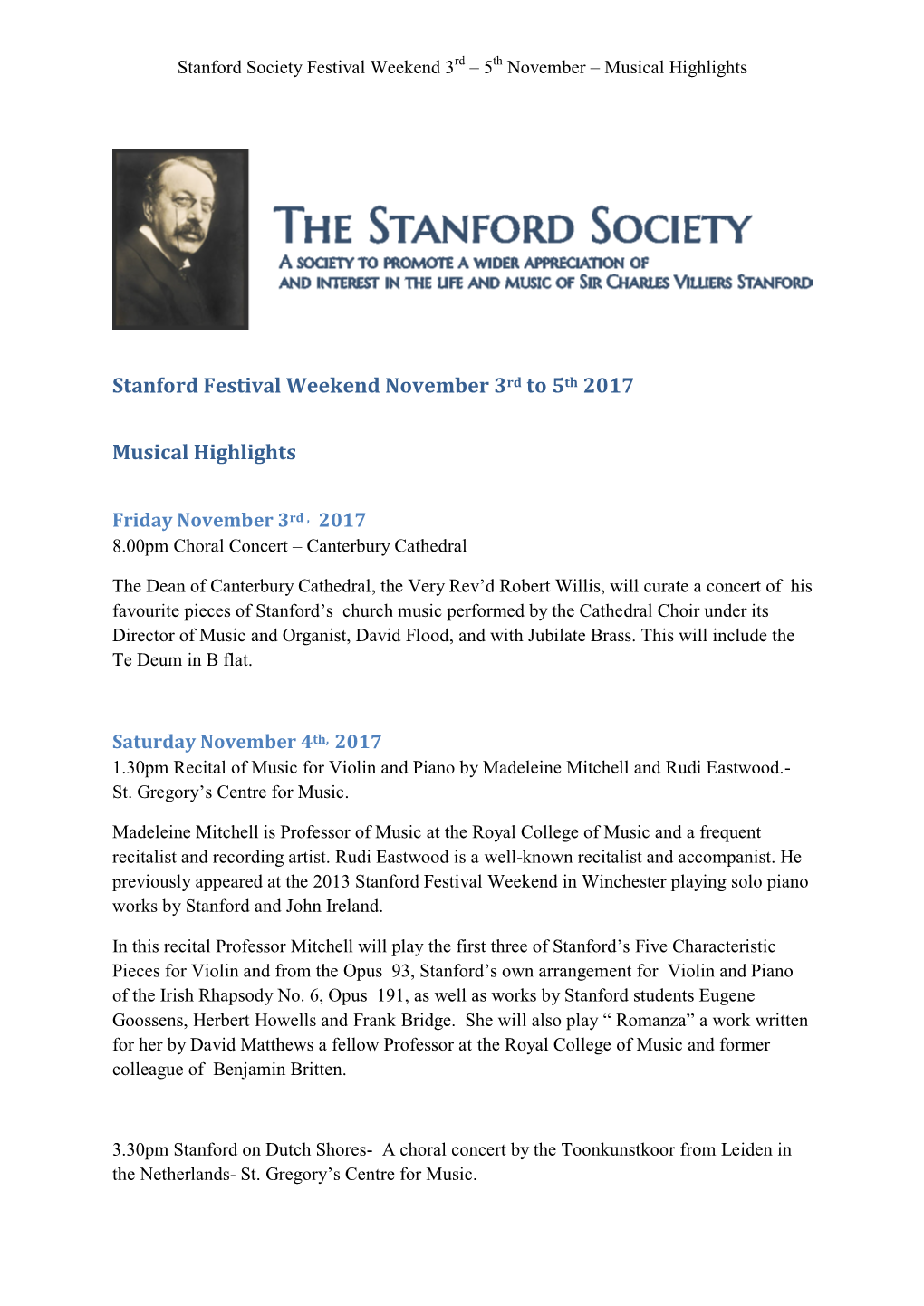 Stanford Festival Weekend November 3Rd to 5Th 2017 Musical Highlights