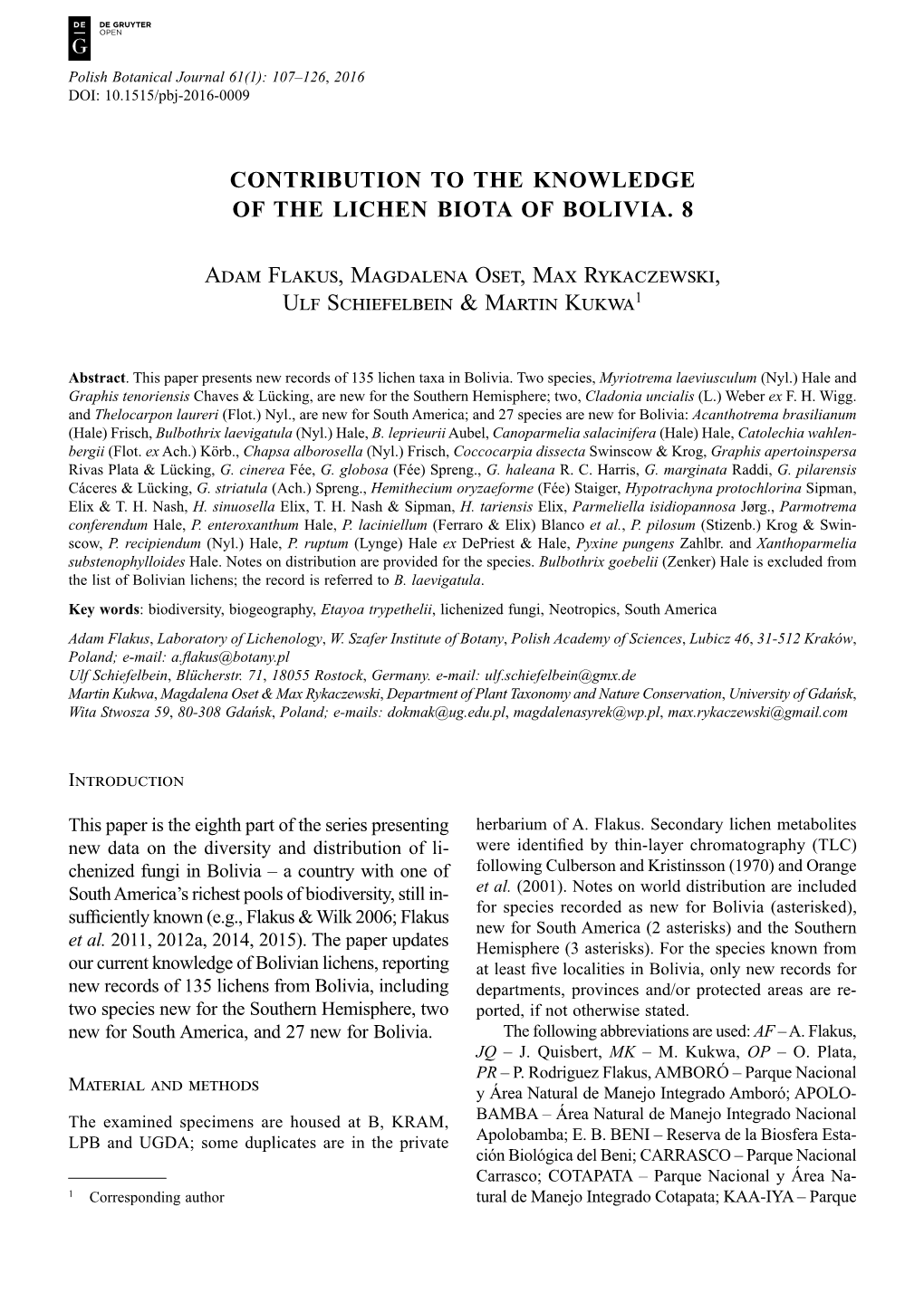 Contribution to the Knowledge of the Lichen Biota of Bolivia