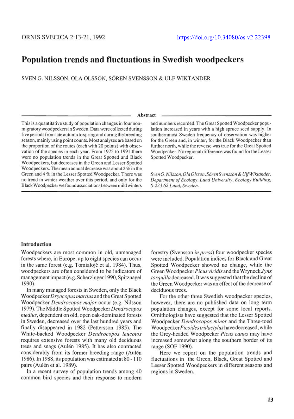 Population Trends and Fluctuations in Swedish Woodpeckers