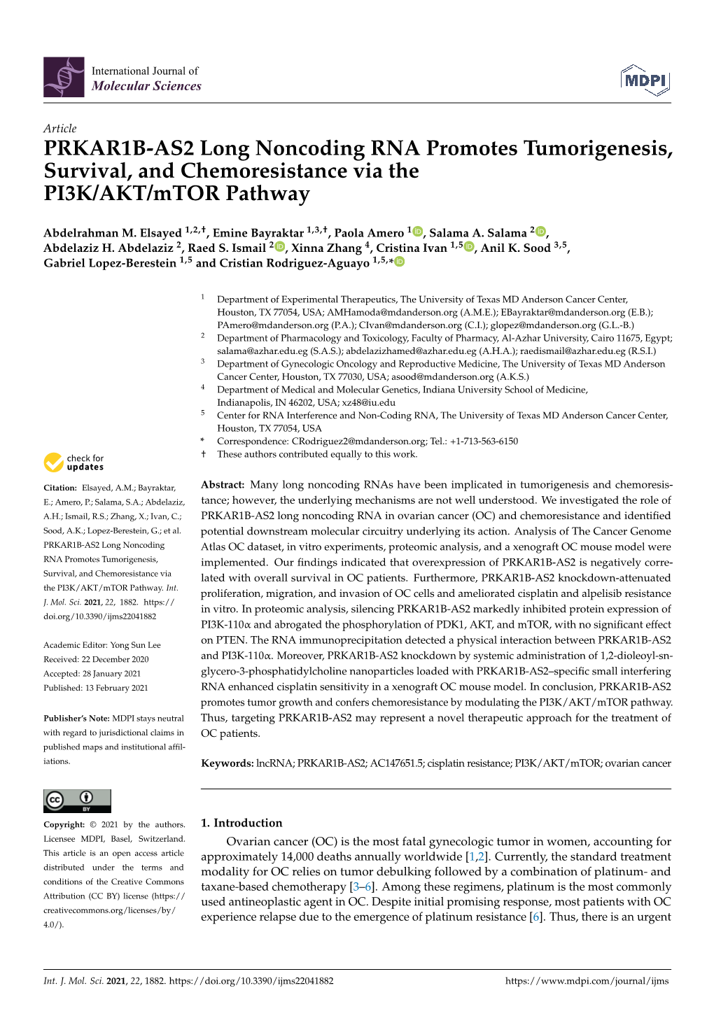 PRKAR1B-AS2 Long Noncoding RNA Promotes Tumorigenesis, Survival, and Chemoresistance Via the PI3K/AKT/Mtor Pathway