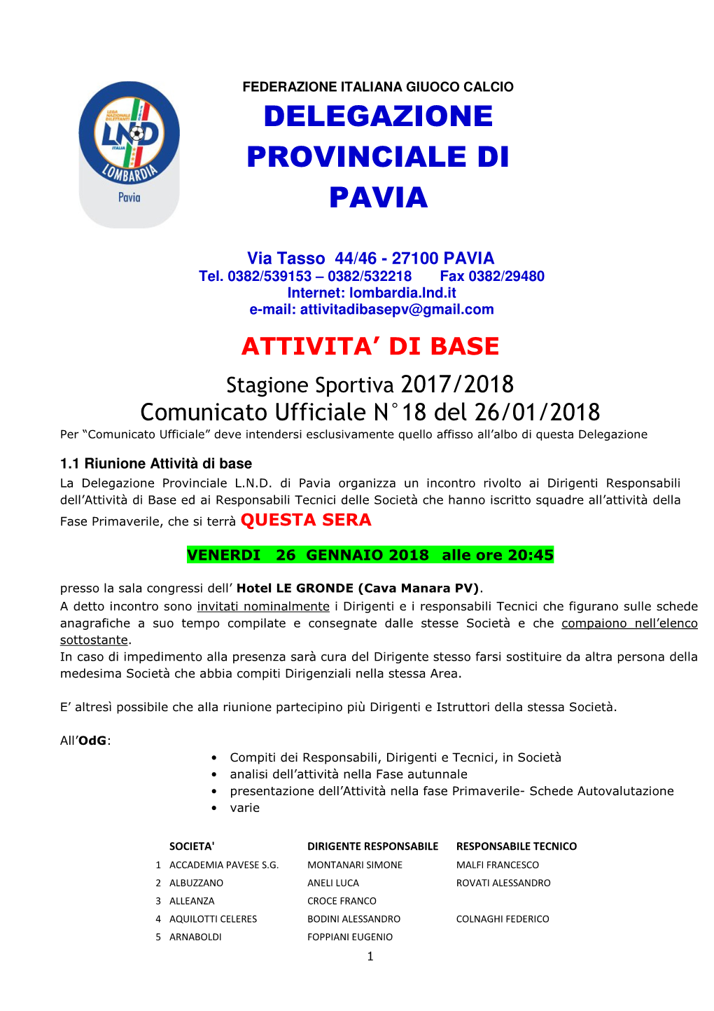 Comunicato Ufficiale Numero 18 SGS Del 26.01.2018