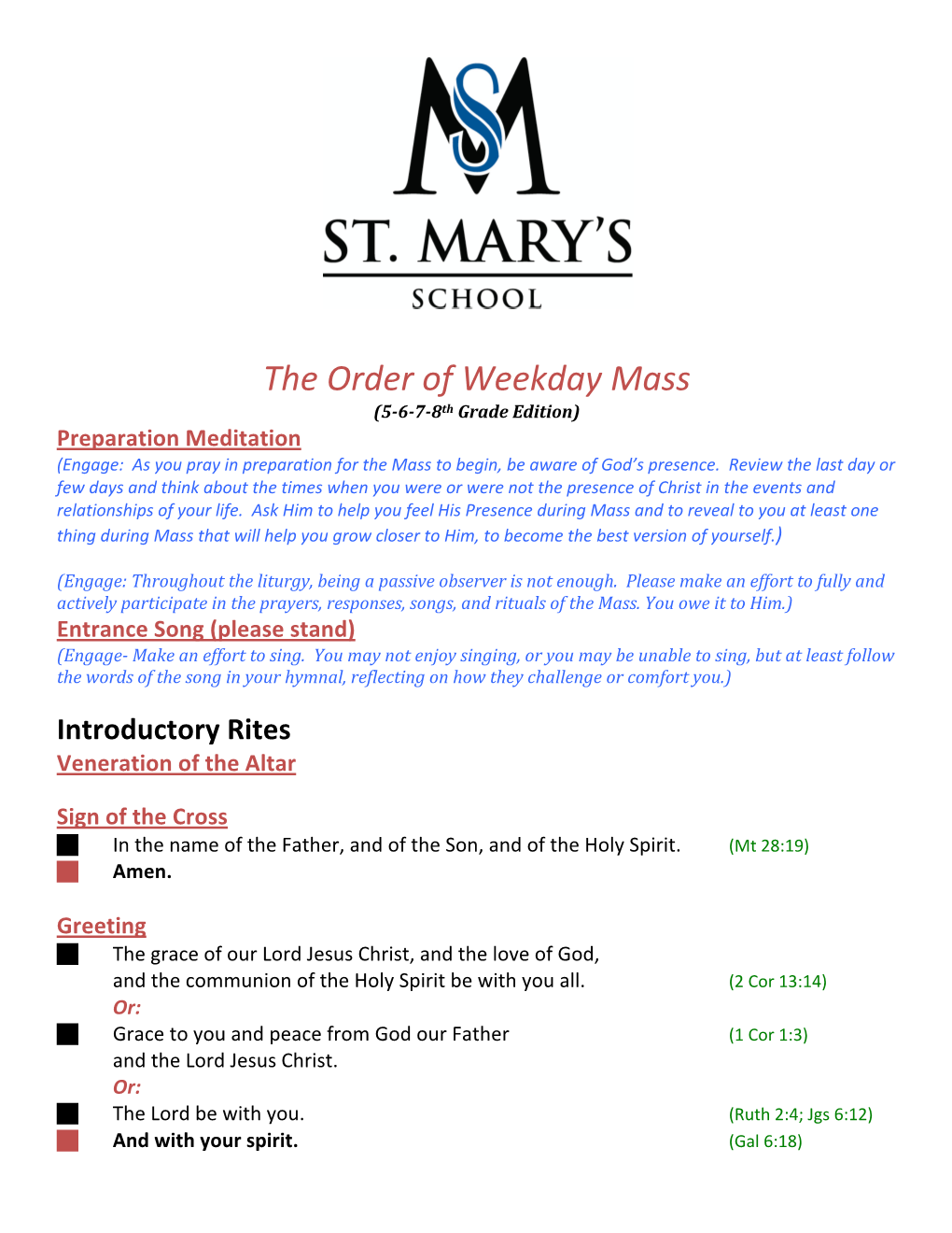 The Order of Weekday Mass (5-6-7-8Th Grade Edition) Preparation Meditation (Engage: As You Pray in Preparation for the Mass to Begin, Be Aware of God’S Presence