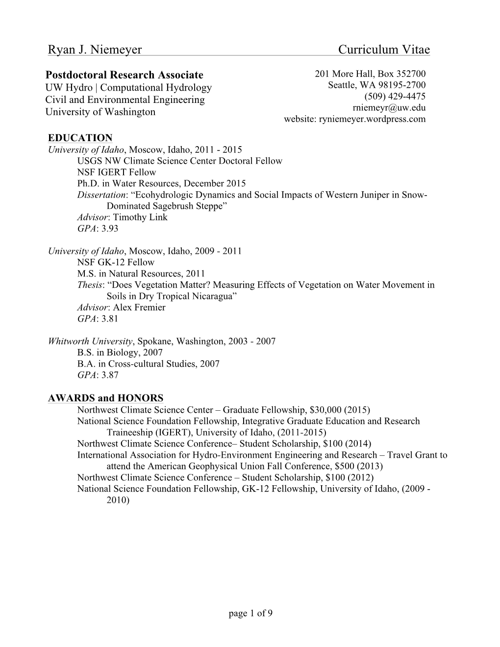 Ryan J. Niemeyer Curriculum Vitae