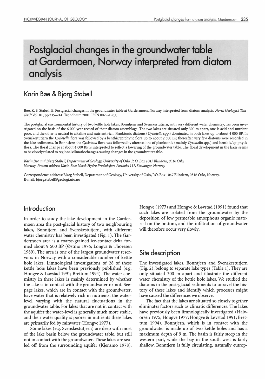 Postglacial Changes in the Groundwater Table at Gardermoen, Norway Interpreted from Diatom Analysis �--�----��------�------�------�------·