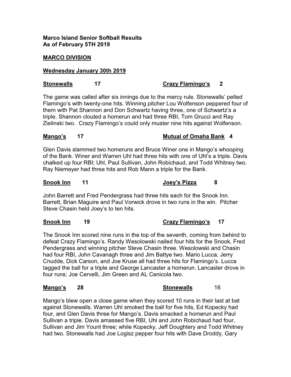 Marco Island Senior Softball Results As of February 5TH 2019