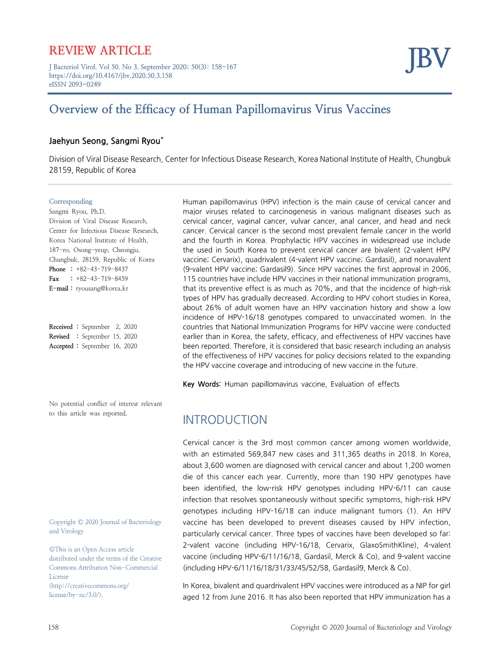 REVIEW ARTICLE Overview of the Efficacy of Human Papillomavirus