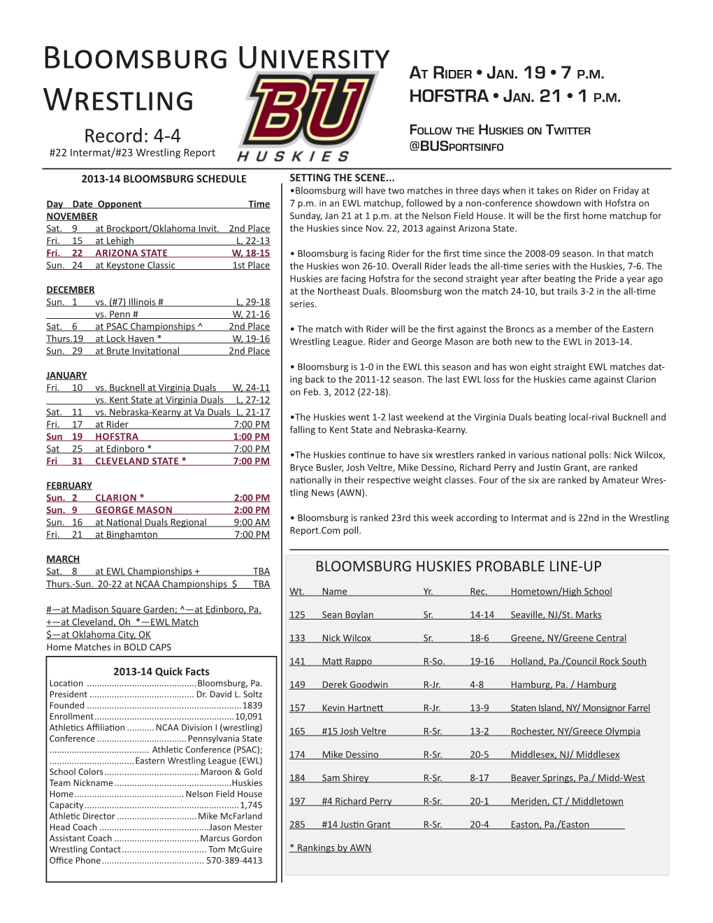 Bloomsburg University Wrestling Bloomsburg University Wrestling 2013-14 Huskies Match Notes