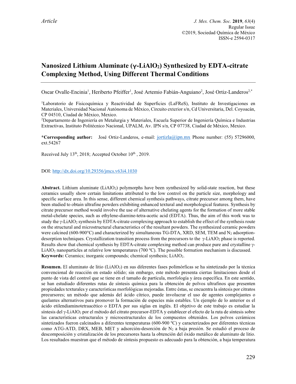 Nanosized Lithium Aluminate (Γ-Lialo2) Synthesized by EDTA-Citrate Complexing Method, Using Different Thermal Conditions